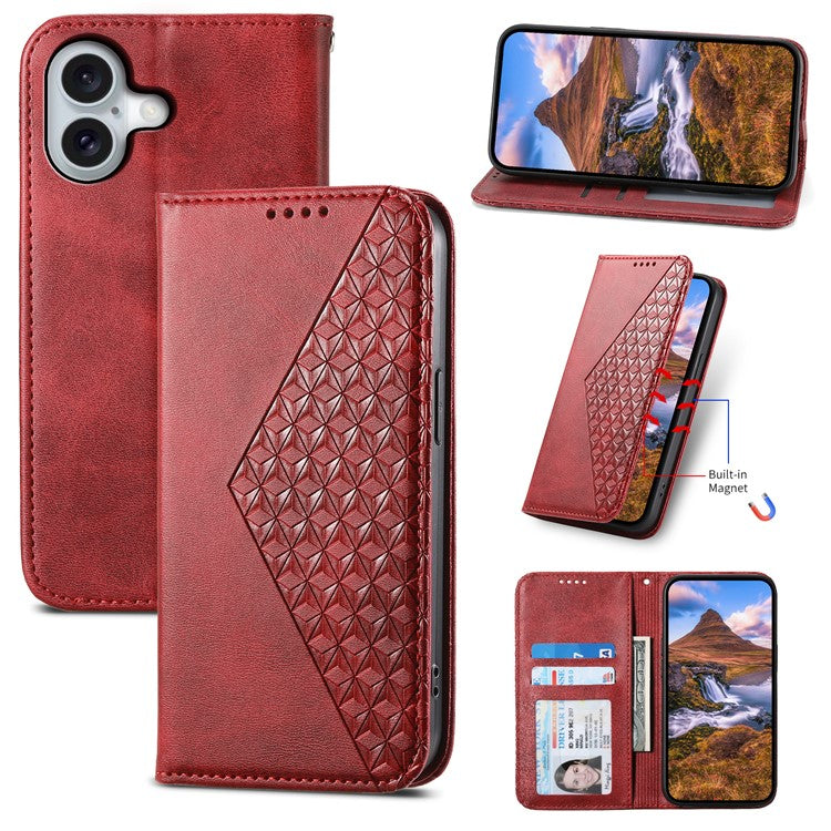 For iPhone 16 Wallet Case Calf Texture PU Leather Phone Cover with Strap - Red