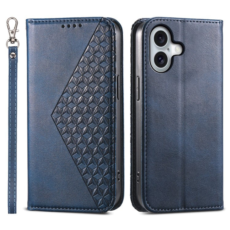 For iPhone 16 Wallet Case Calf Texture PU Leather Phone Cover with Strap - Blue
