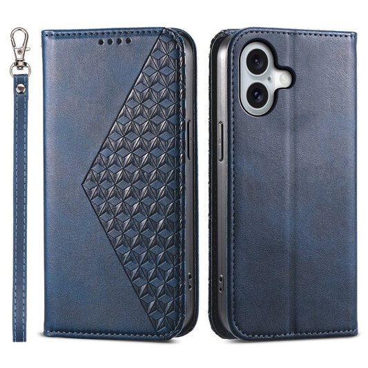For iPhone 16 Wallet Case Calf Texture PU Leather Phone Cover with Strap - Blue