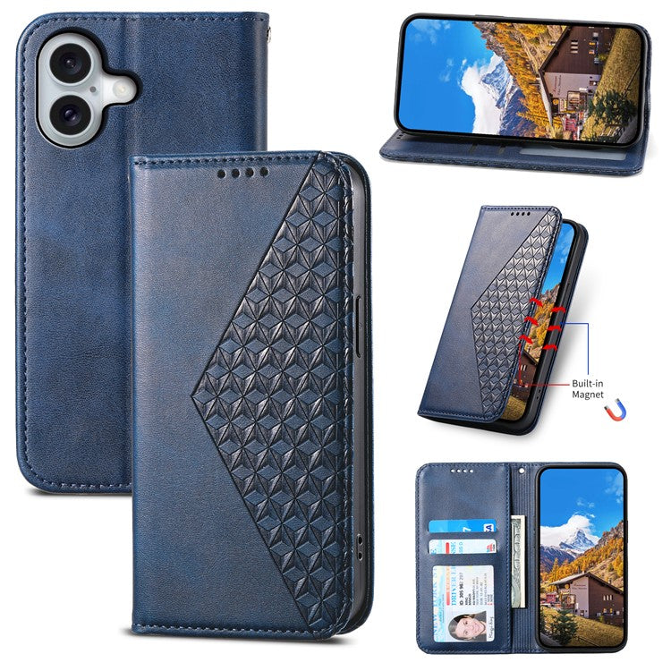 For iPhone 16 Wallet Case Calf Texture PU Leather Phone Cover with Strap - Blue