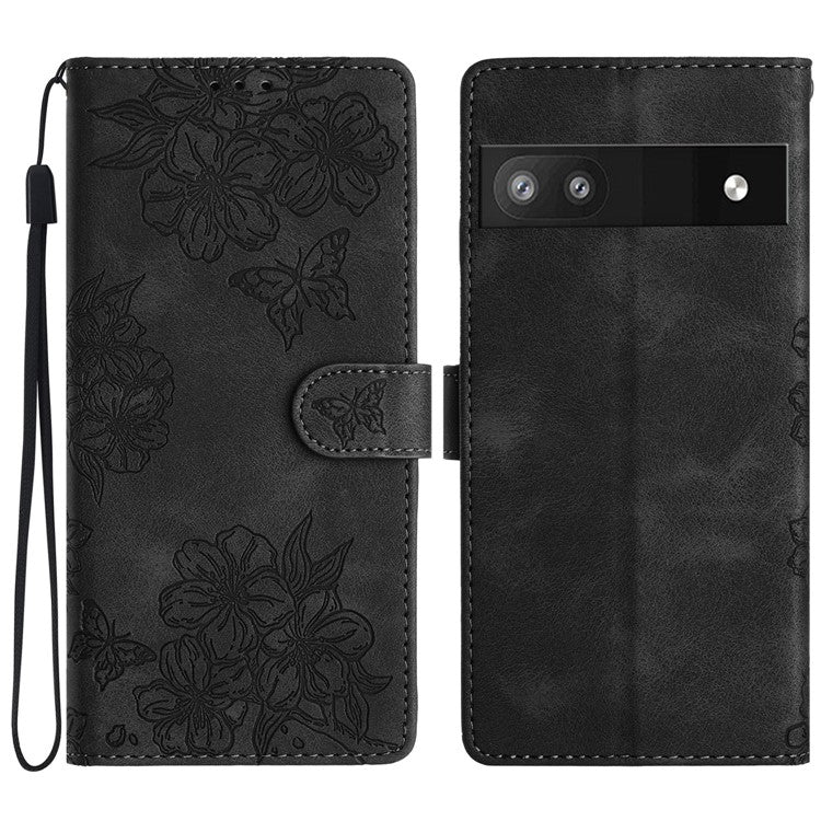 For Google Pixel 8a Case PU Leather Butterfly Flower Folio Card Slots Phone Cover - Black