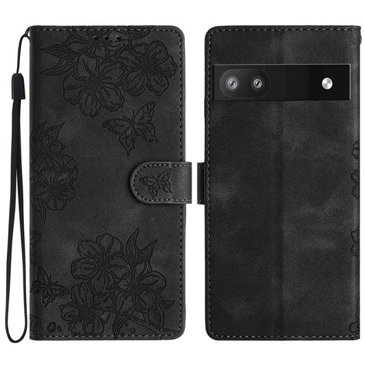 For Google Pixel 8a Case PU Leather Butterfly Flower Folio Card Slots Phone Cover - Black