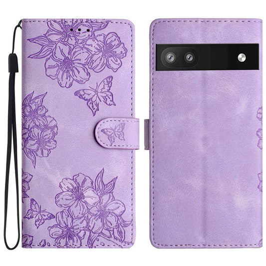 For Google Pixel 8a Case PU Leather Butterfly Flower Folio Card Slots Phone Cover - Purple