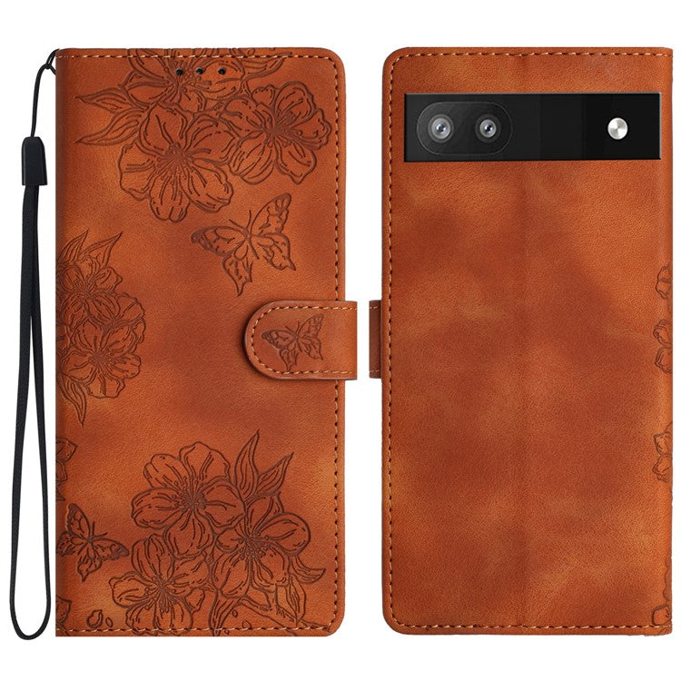 For Google Pixel 8a Case PU Leather Butterfly Flower Folio Card Slots Phone Cover - Brown