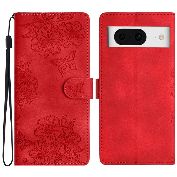 For Google Pixel 8 Case PU Leather Wallet Phone Cover Imprinted Butterfly Flowers Wrist Strap - Red