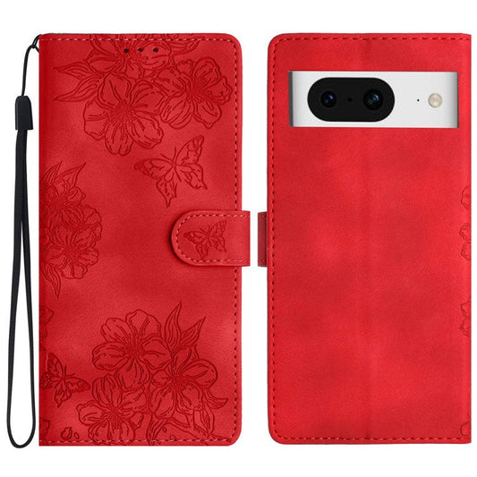For Google Pixel 8 Case PU Leather Wallet Phone Cover Imprinted Butterfly Flowers Wrist Strap - Red