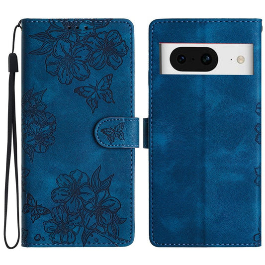 For Google Pixel 8 Case PU Leather Wallet Phone Cover Imprinted Butterfly Flowers Wrist Strap - Blue