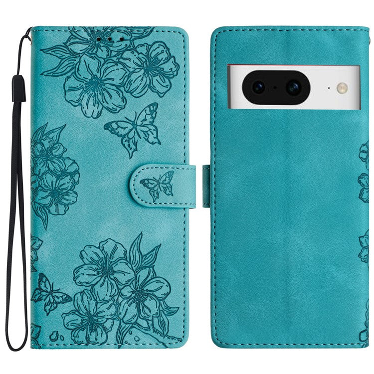 For Google Pixel 8 Case PU Leather Wallet Phone Cover Imprinted Butterfly Flowers Wrist Strap - Green