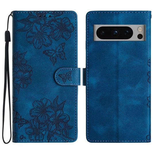 For Google Pixel 8 Pro Case PU Leather Flip Protective Phone Cover Imprinted Butterfly Flowers - Blue