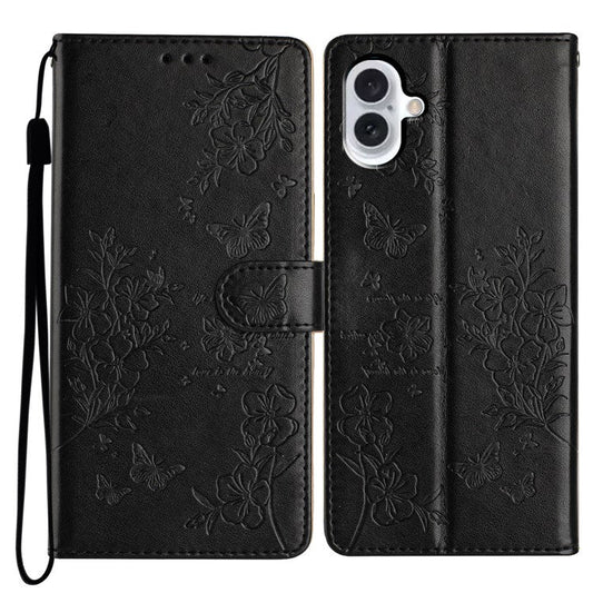 For iPhone 16 Plus Case Butterfly Flower Imprint Wallet Leather Phone Cover with Stand - Black