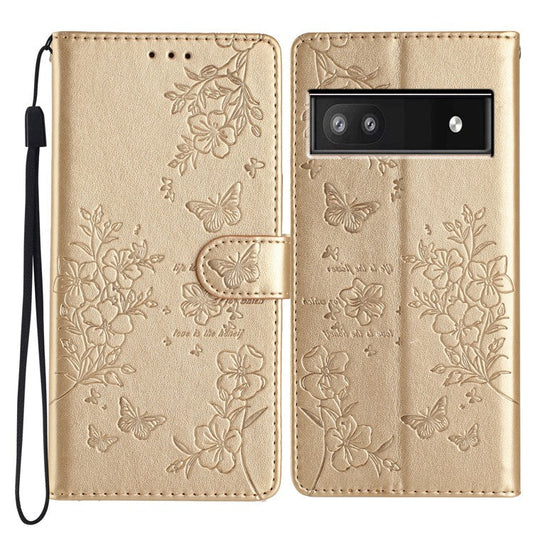 For Google Pixel 8a Wallet Phone Case Butterfly Floral Imprint Stand Leather Cover - Gold