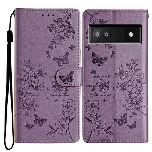 For Google Pixel 8a Wallet Phone Case Butterfly Floral Imprint Stand Leather Cover - Purple