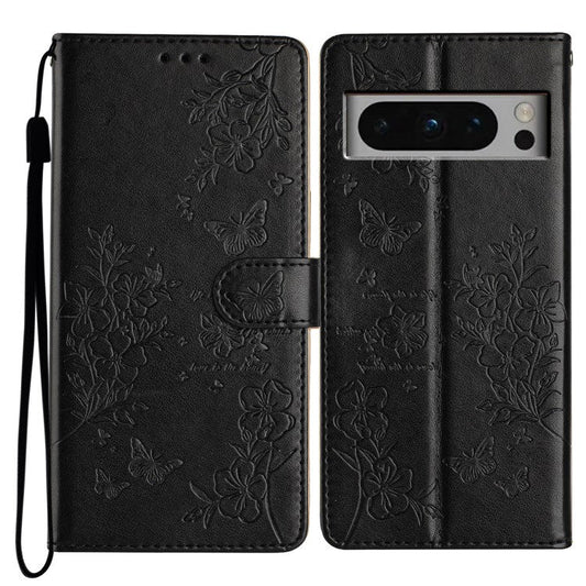 For Google Pixel 8 Pro Wallet Case Butterfly Floral Imprint Leather Phone Cover with Stand - Black