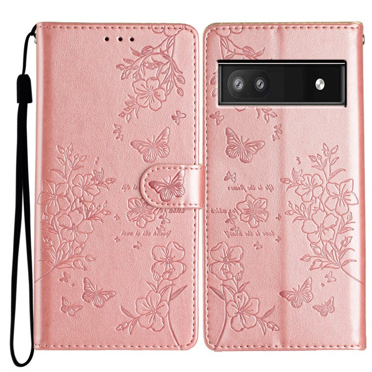 For Google Pixel 7a Case Butterfly Floral Imprint Leather Stand Phone Cover - Rose Gold
