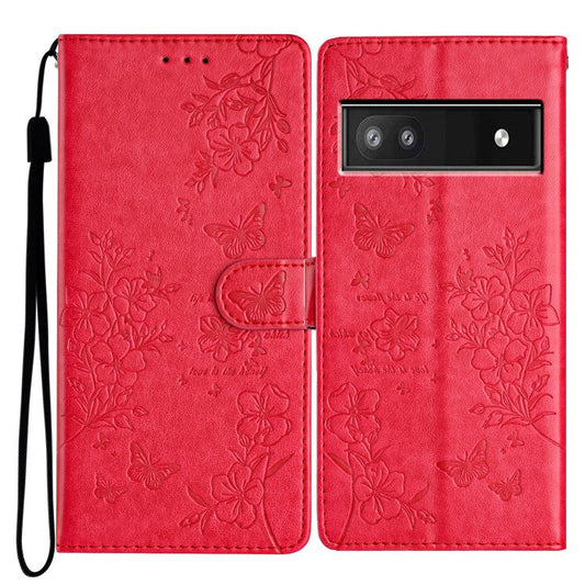 For Google Pixel 7a Case Butterfly Floral Imprint Leather Stand Phone Cover - Red