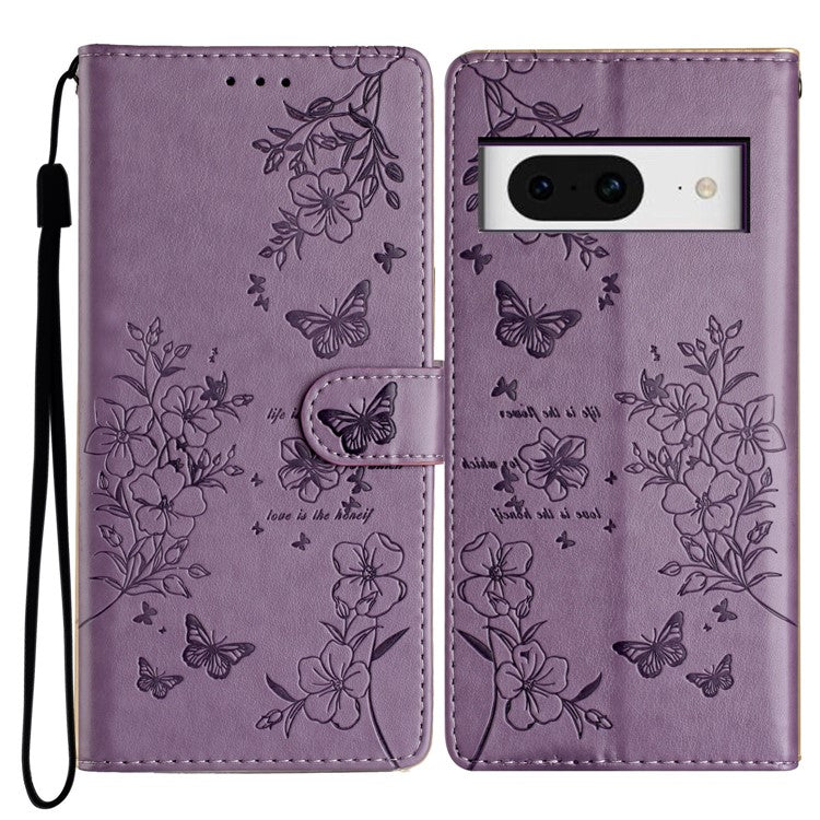 For Google Pixel 8 Protective Case Butterfly Floral Imprint Leather Wallet Phone Cover - Purple