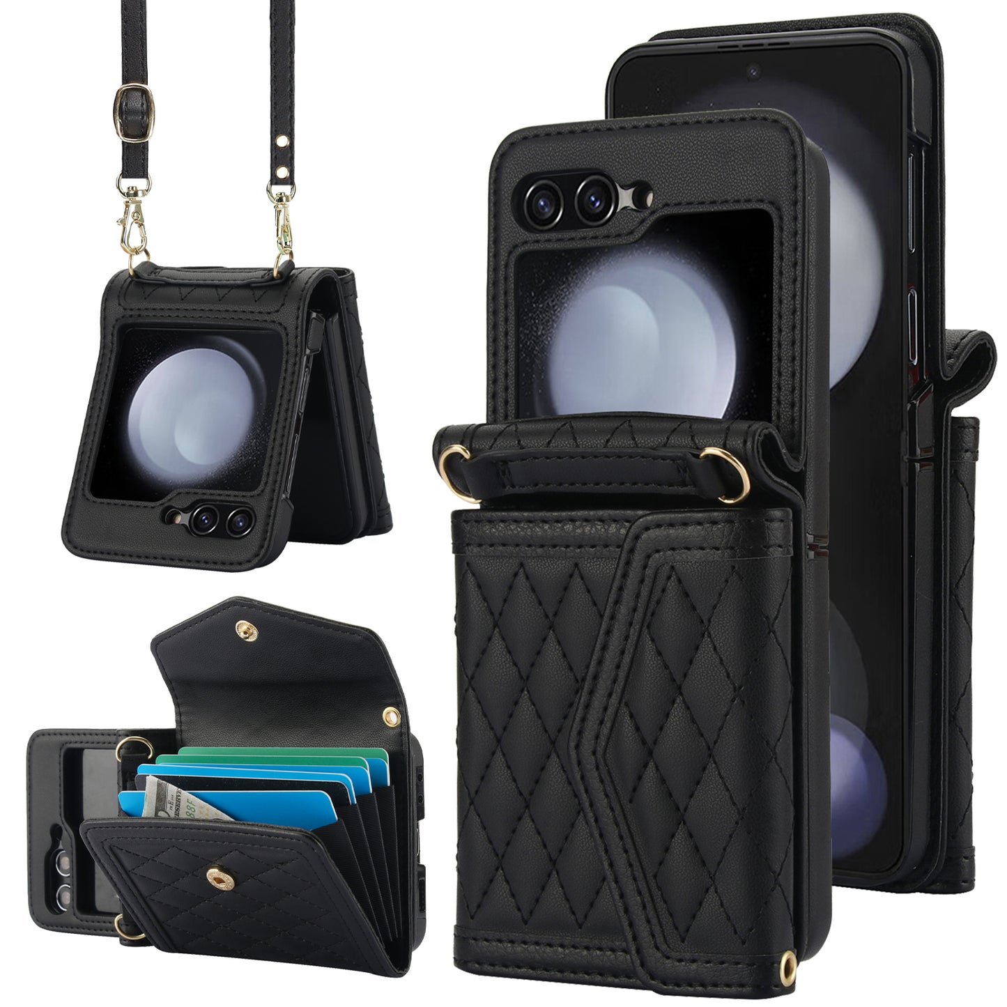 For Samsung Galaxy Z Flip6 5G Case Card Holders PU Leather+PC Phone Cover with Detachable Shoulder Strap - Black