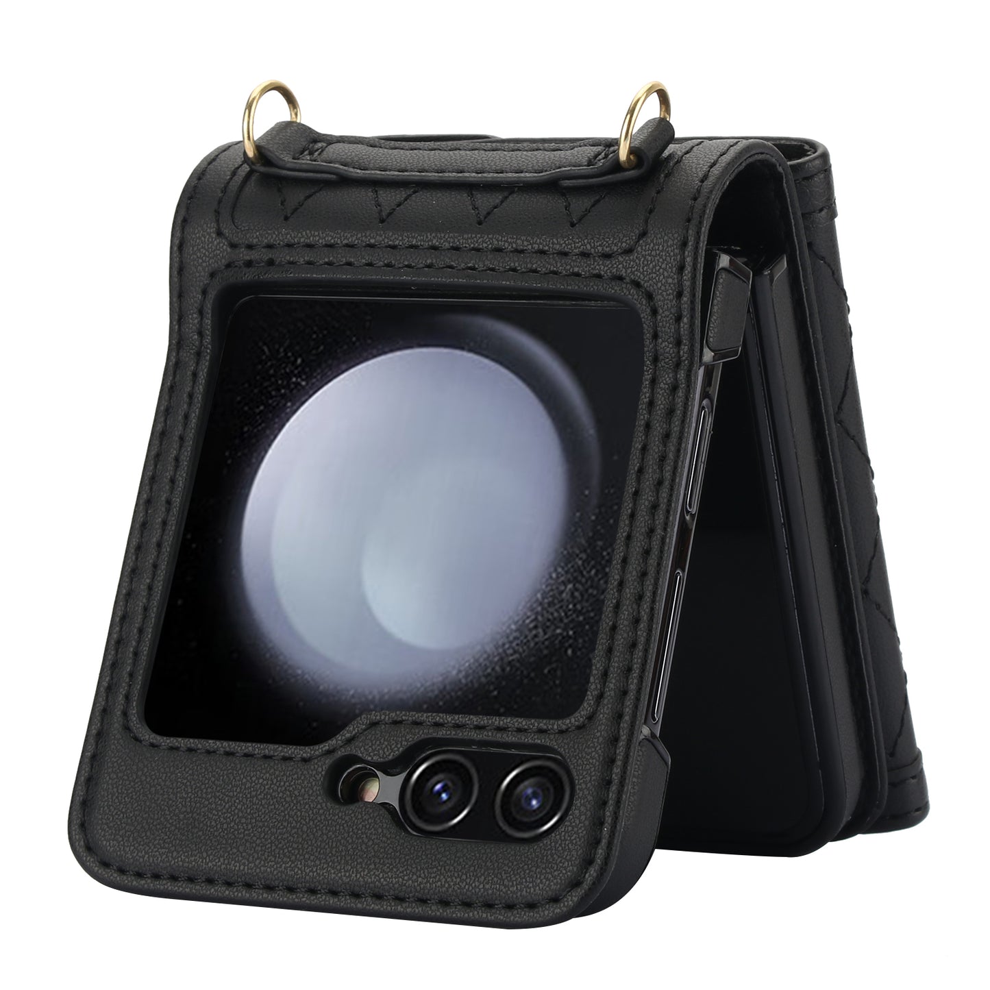For Samsung Galaxy Z Flip6 5G Case Card Holders PU Leather+PC Phone Cover with Detachable Shoulder Strap - Black