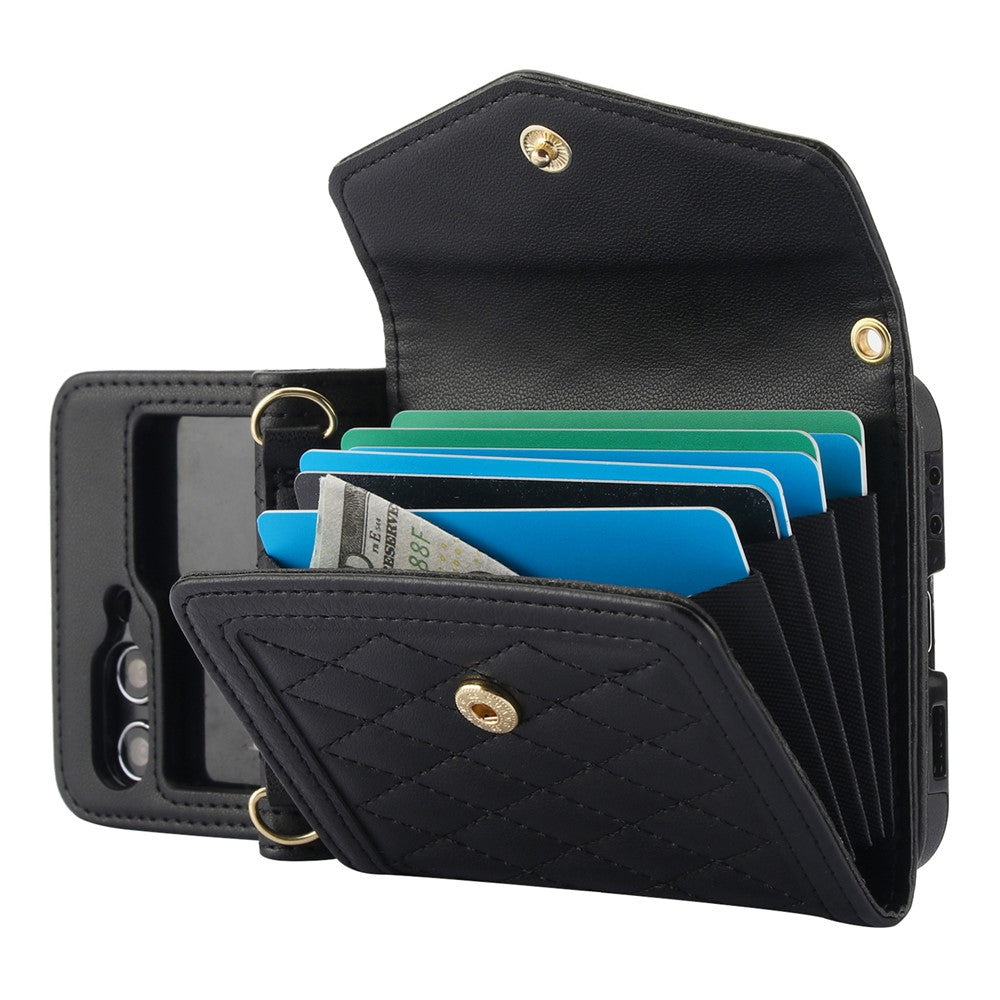 For Samsung Galaxy Z Flip7 FE 5G / Z Flip6 5G Case Card Holders PU Leather+PC Phone Cover with Detachable Shoulder Strap - Black