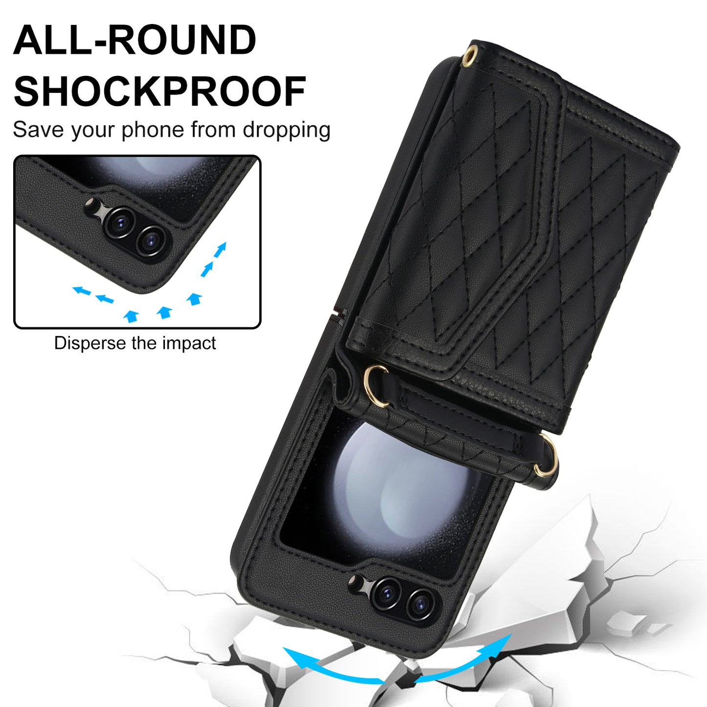 For Samsung Galaxy Z Flip6 5G Case Card Holders PU Leather+PC Phone Cover with Detachable Shoulder Strap - Black