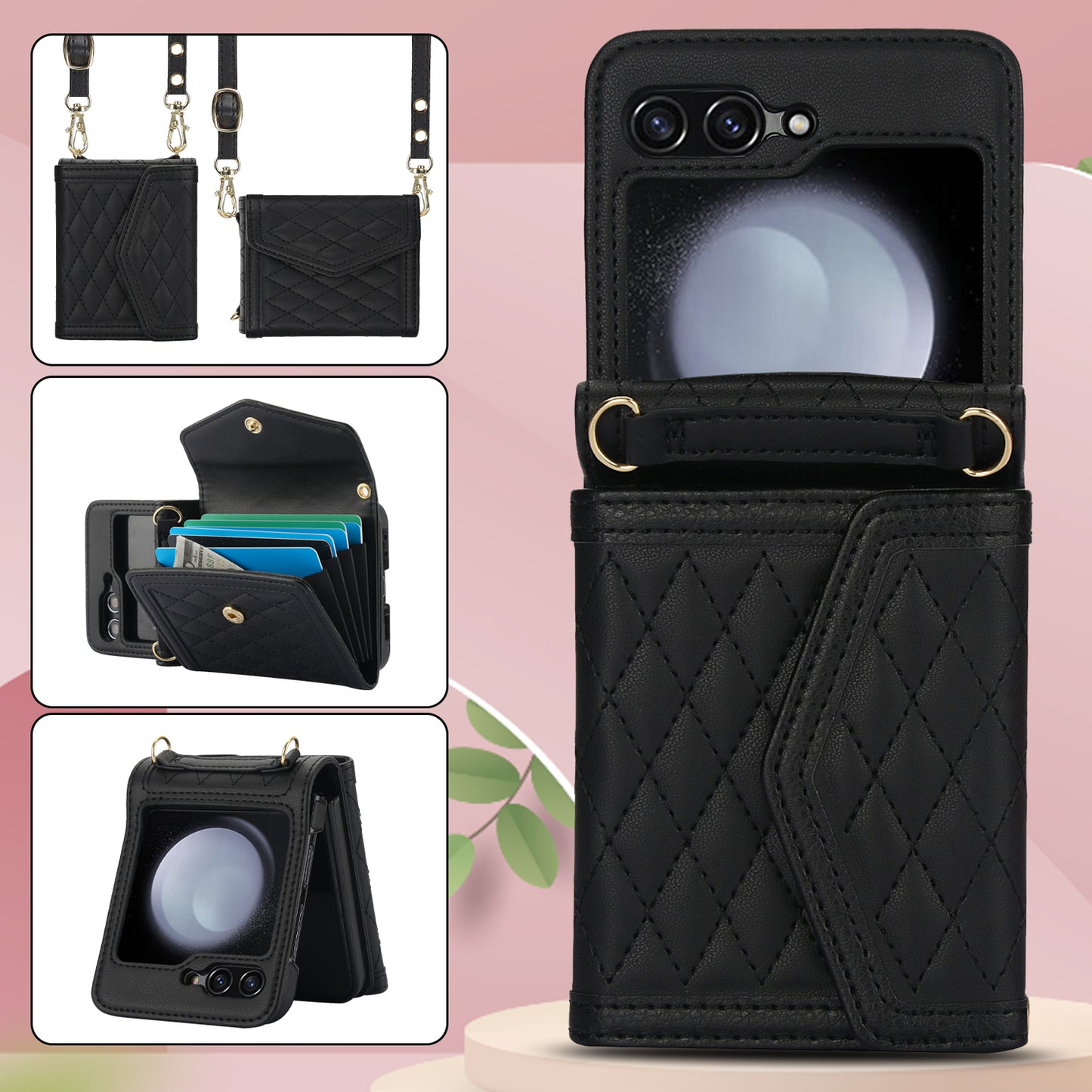 For Samsung Galaxy Z Flip6 5G Case Card Holders PU Leather+PC Phone Cover with Detachable Shoulder Strap - Black