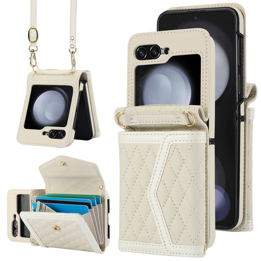 For Samsung Galaxy Z Flip6 5G Case Card Holders PU Leather+PC Phone Cover with Detachable Shoulder Strap - White