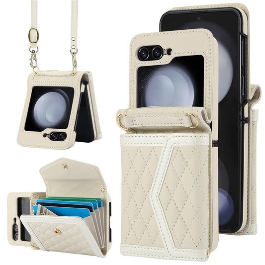 For Samsung Galaxy Z Flip7 FE 5G / Z Flip6 5G Case Card Holders PU Leather+PC Phone Cover with Detachable Shoulder Strap - White
