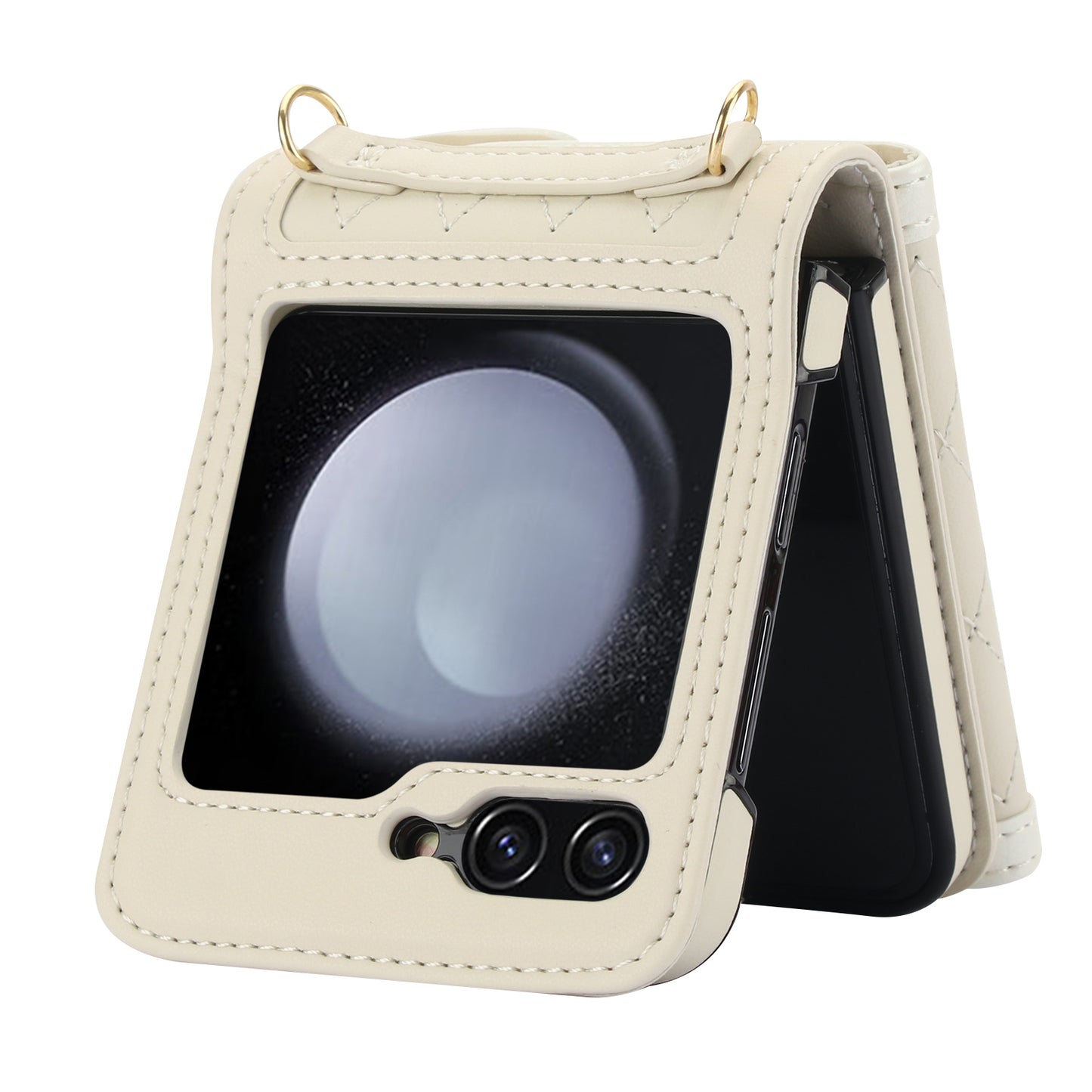 For Samsung Galaxy Z Flip6 5G Case Card Holders PU Leather+PC Phone Cover with Detachable Shoulder Strap - White