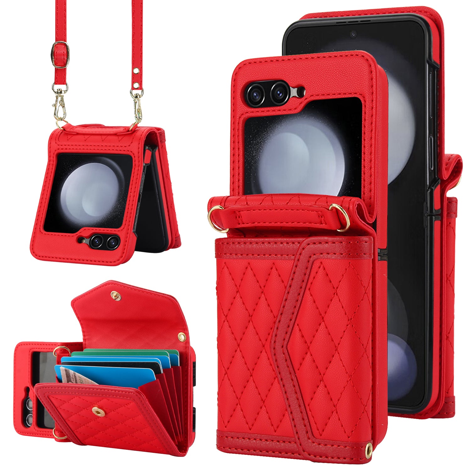 For Samsung Galaxy Z Flip6 5G Case Card Holders PU Leather+PC Phone Cover with Detachable Shoulder Strap - Red