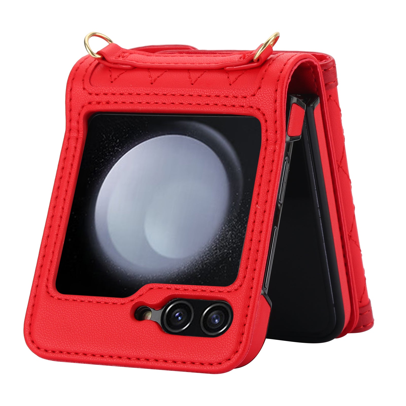 For Samsung Galaxy Z Flip6 5G Case Card Holders PU Leather+PC Phone Cover with Detachable Shoulder Strap - Red