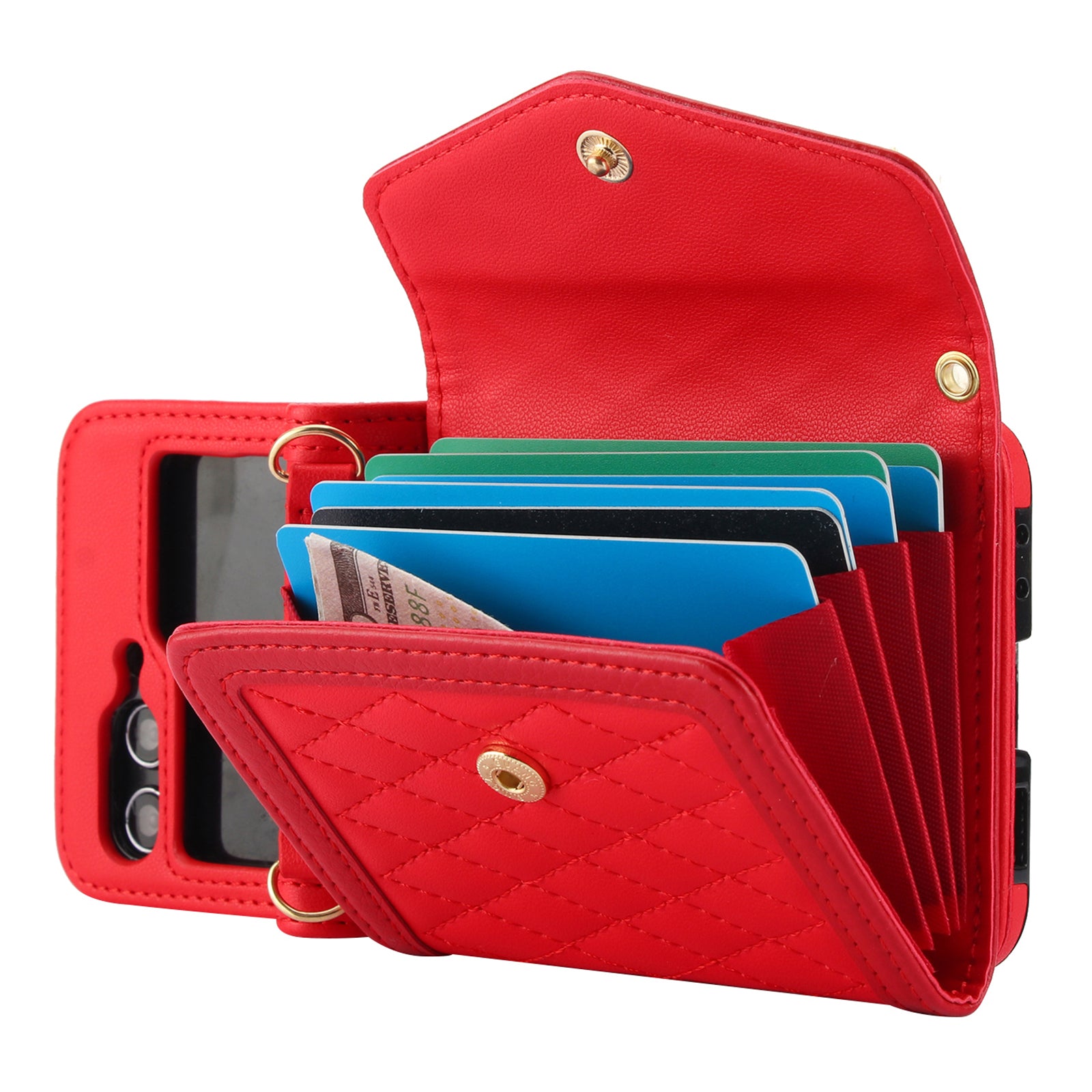 For Samsung Galaxy Z Flip6 5G Case Card Holders PU Leather+PC Phone Cover with Detachable Shoulder Strap - Red