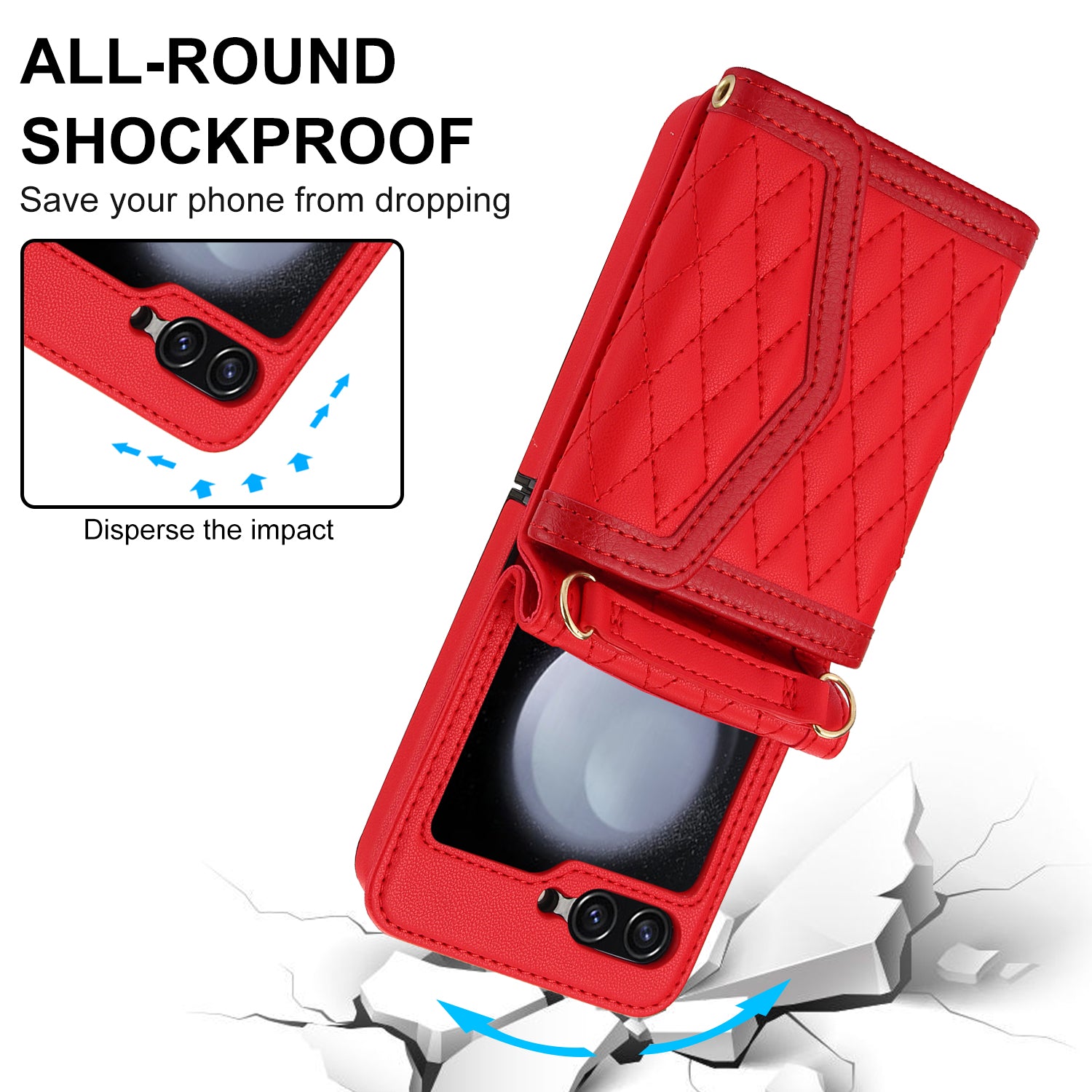 For Samsung Galaxy Z Flip6 5G Case Card Holders PU Leather+PC Phone Cover with Detachable Shoulder Strap - Red