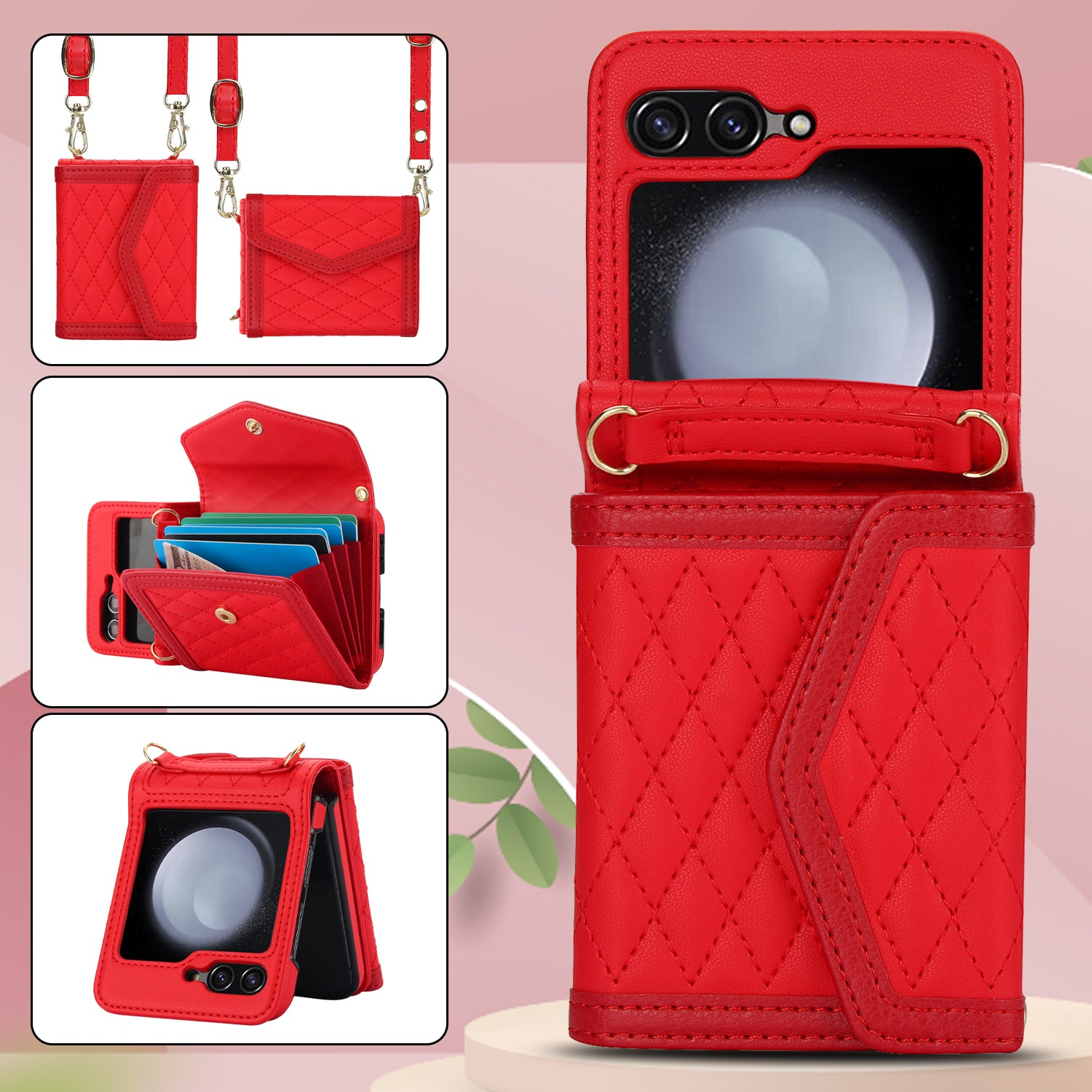 For Samsung Galaxy Z Flip6 5G Case Card Holders PU Leather+PC Phone Cover with Detachable Shoulder Strap - Red