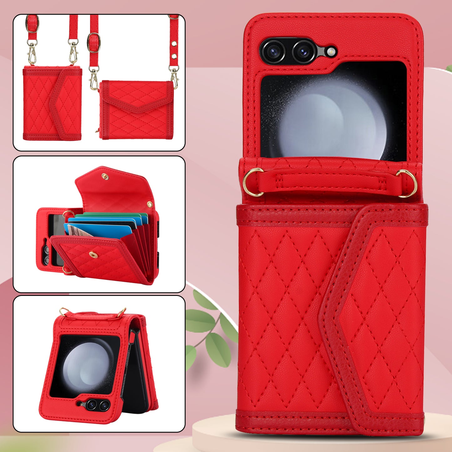 For Samsung Galaxy Z Flip6 5G Case Card Holders PU Leather+PC Phone Cover with Detachable Shoulder Strap - Red