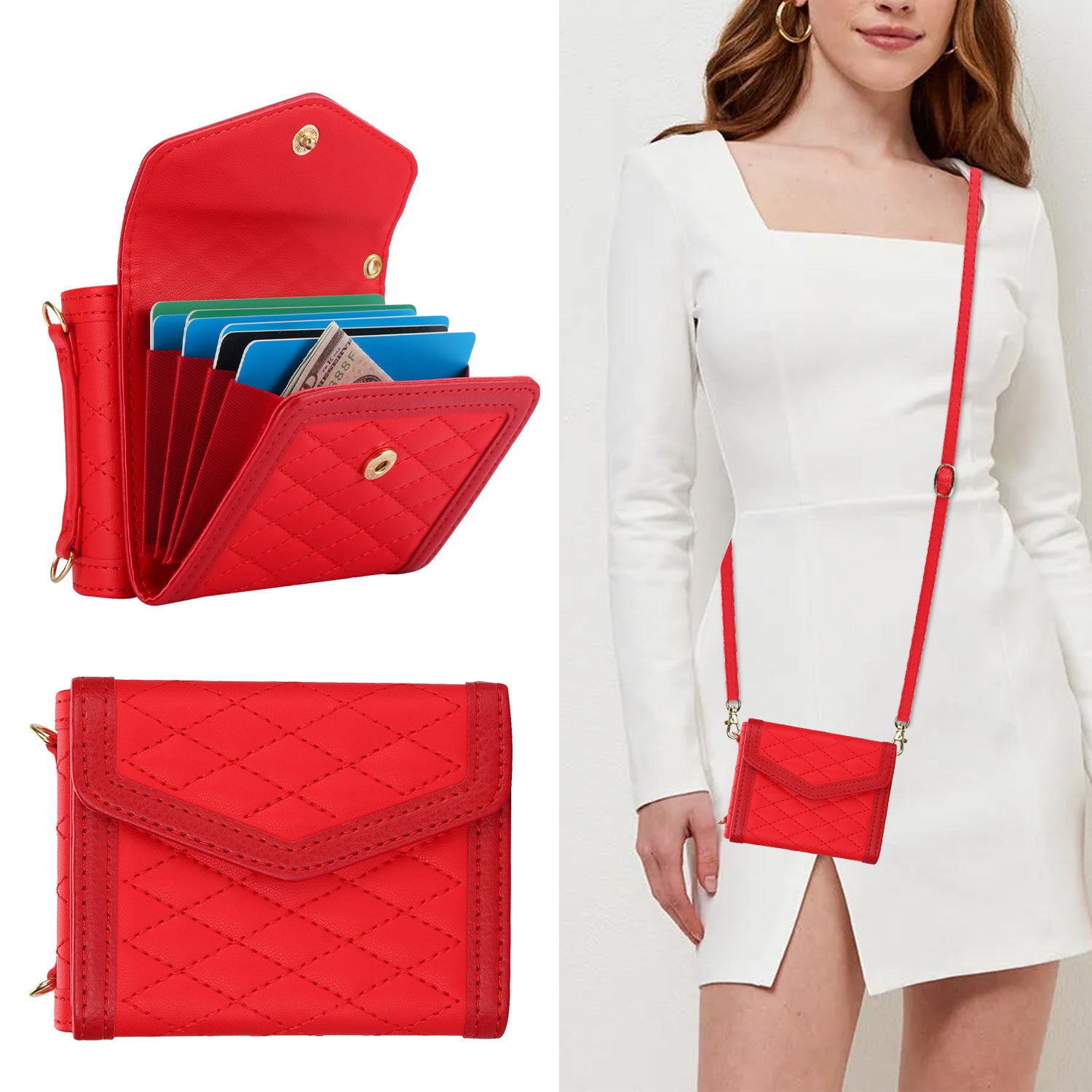 For Samsung Galaxy Z Flip6 5G Case Card Holders PU Leather+PC Phone Cover with Detachable Shoulder Strap - Red