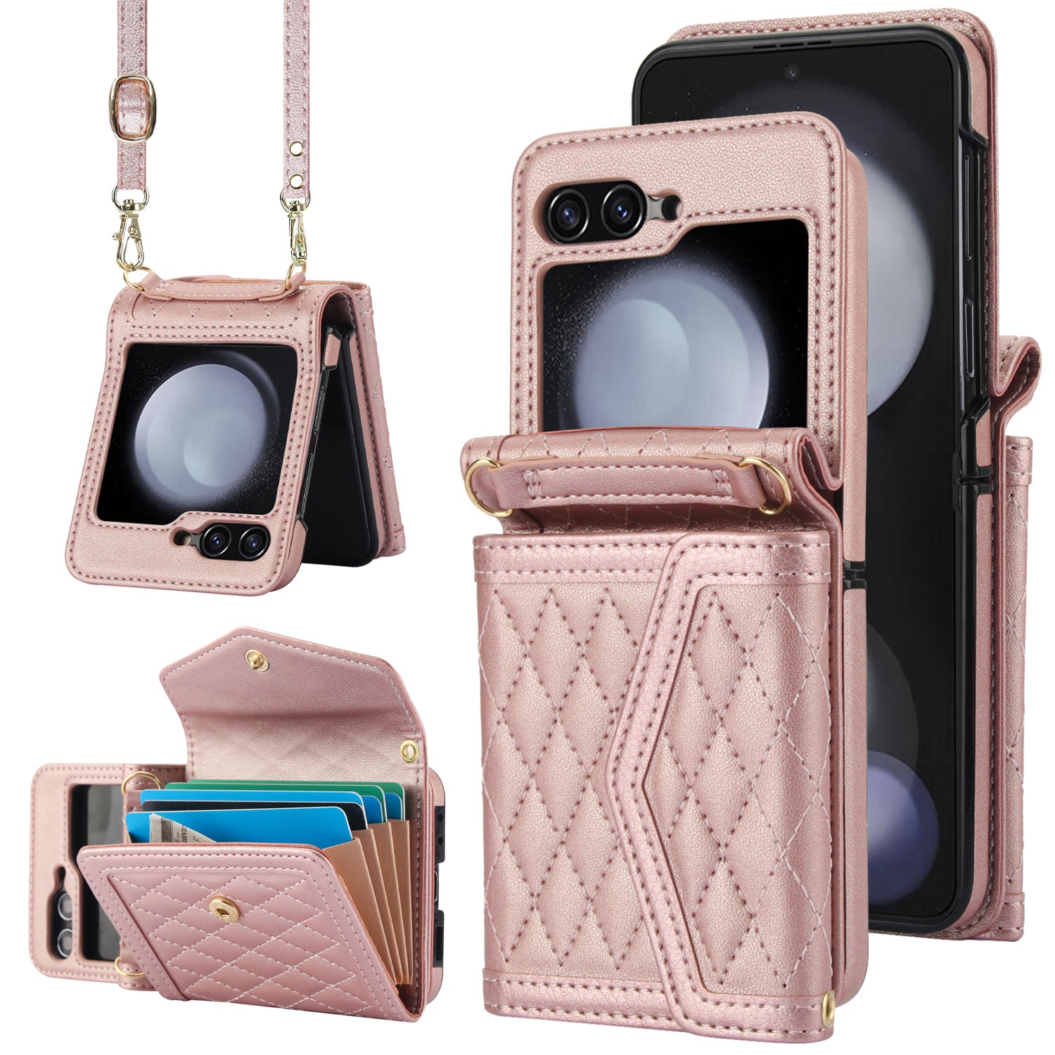 For Samsung Galaxy Z Flip6 5G Case Card Holders PU Leather+PC Phone Cover with Detachable Shoulder Strap - Rose Gold