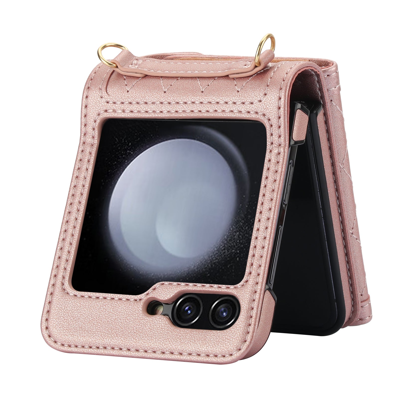 For Samsung Galaxy Z Flip6 5G Case Card Holders PU Leather+PC Phone Cover with Detachable Shoulder Strap - Rose Gold