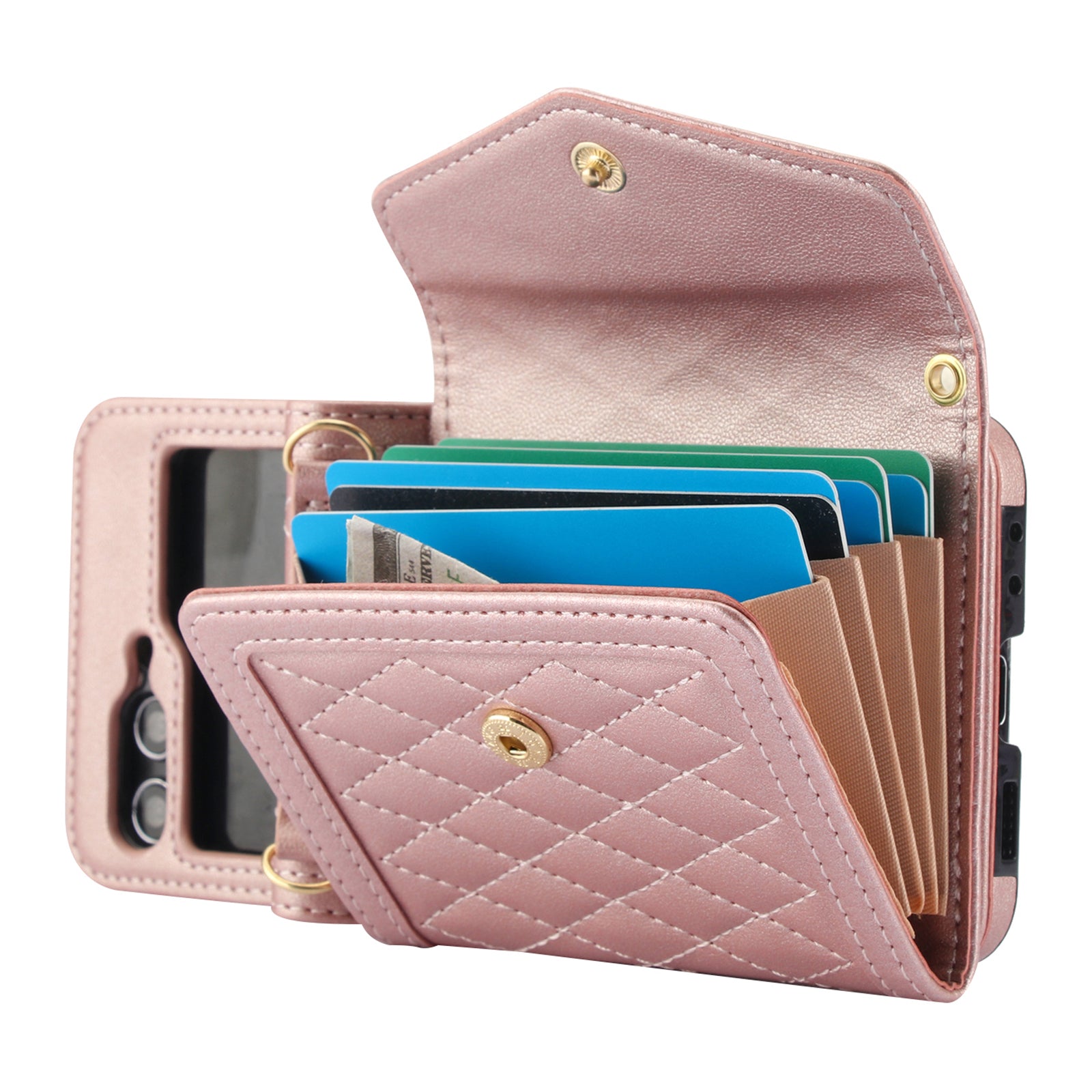 For Samsung Galaxy Z Flip6 5G Case Card Holders PU Leather+PC Phone Cover with Detachable Shoulder Strap - Rose Gold