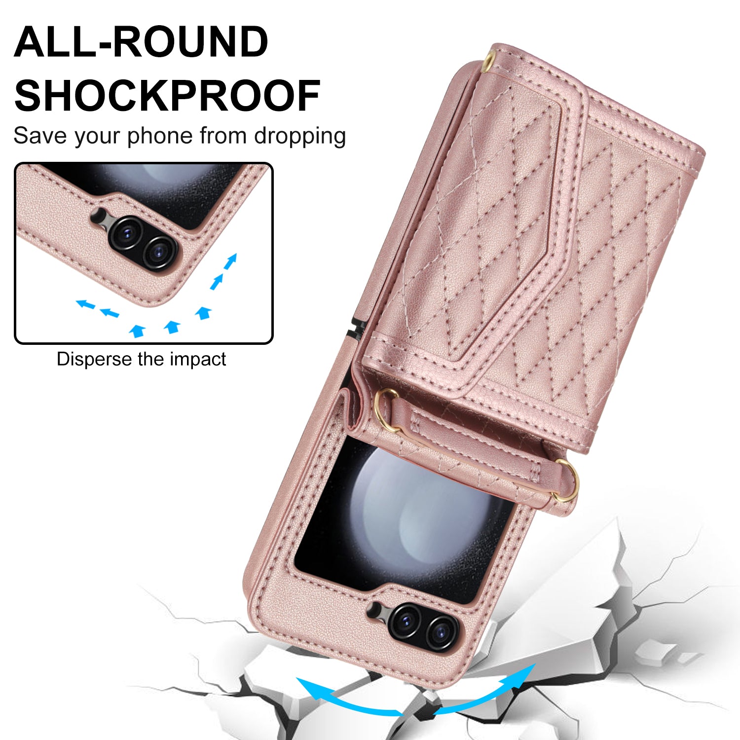 For Samsung Galaxy Z Flip6 5G Case Card Holders PU Leather+PC Phone Cover with Detachable Shoulder Strap - Rose Gold