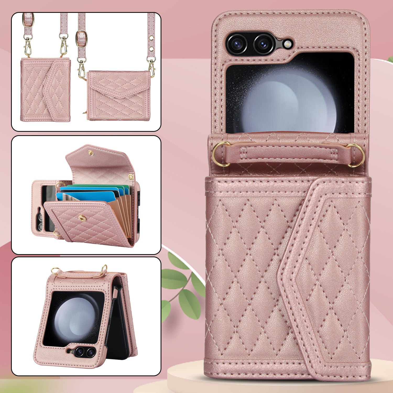 For Samsung Galaxy Z Flip6 5G Case Card Holders PU Leather+PC Phone Cover with Detachable Shoulder Strap - Rose Gold