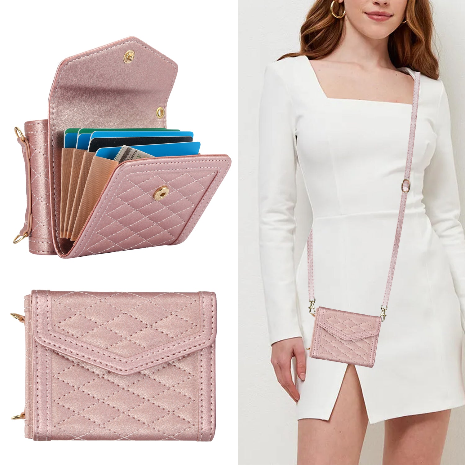 For Samsung Galaxy Z Flip6 5G Case Card Holders PU Leather+PC Phone Cover with Detachable Shoulder Strap - Rose Gold
