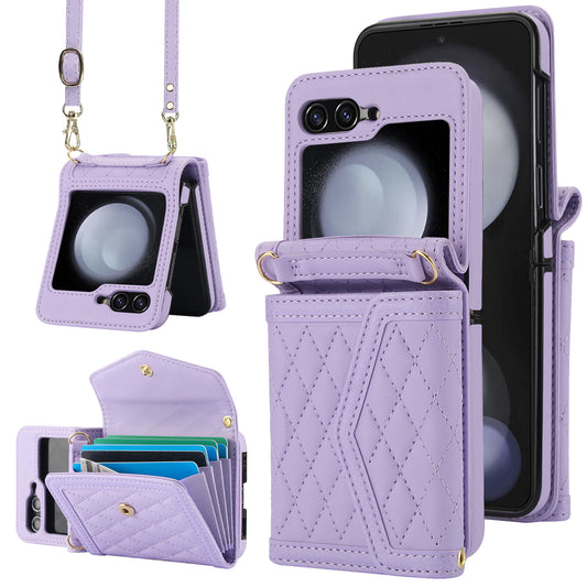For Samsung Galaxy Z Flip6 5G Case Card Holders PU Leather+PC Phone Cover with Detachable Shoulder Strap - Purple