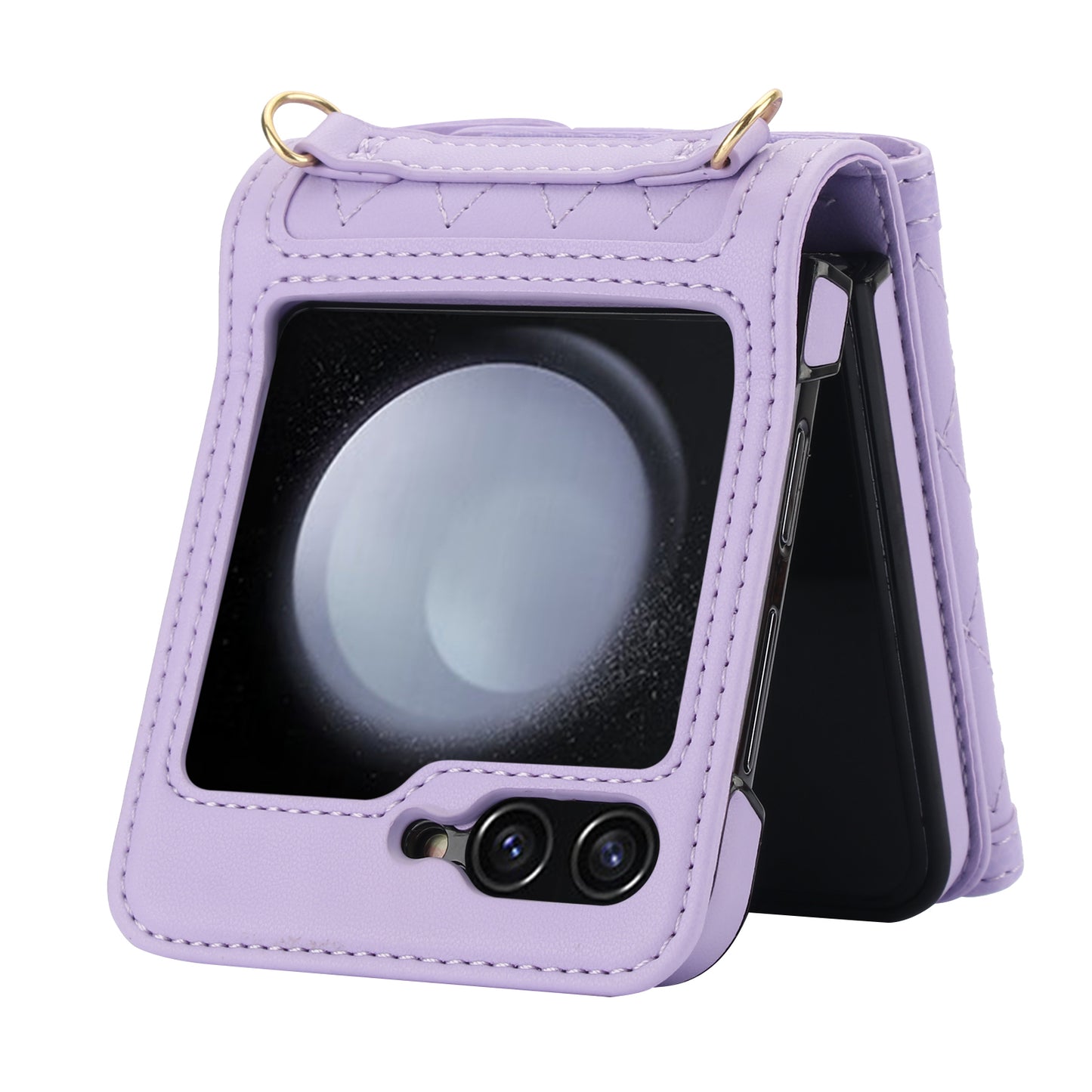 For Samsung Galaxy Z Flip6 5G Case Card Holders PU Leather+PC Phone Cover with Detachable Shoulder Strap - Purple