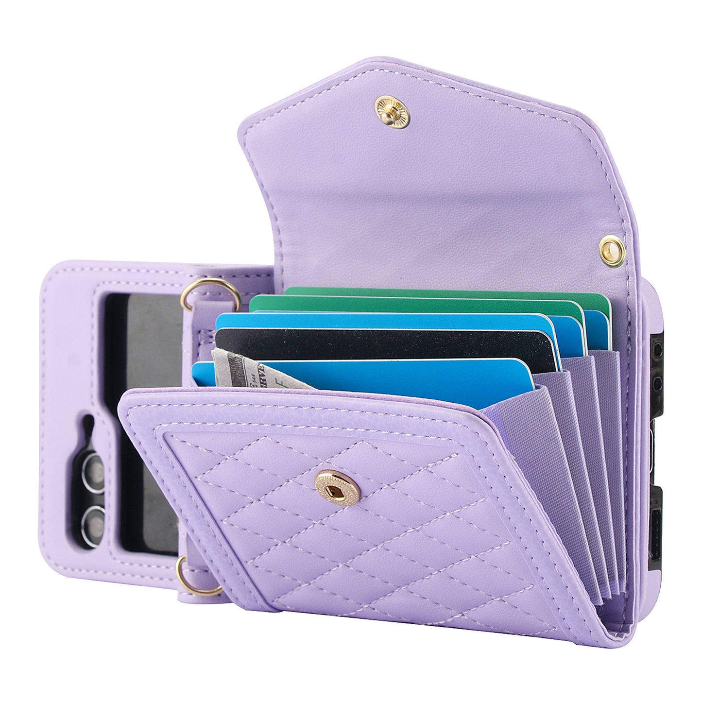 For Samsung Galaxy Z Flip6 5G Case Card Holders PU Leather+PC Phone Cover with Detachable Shoulder Strap - Purple