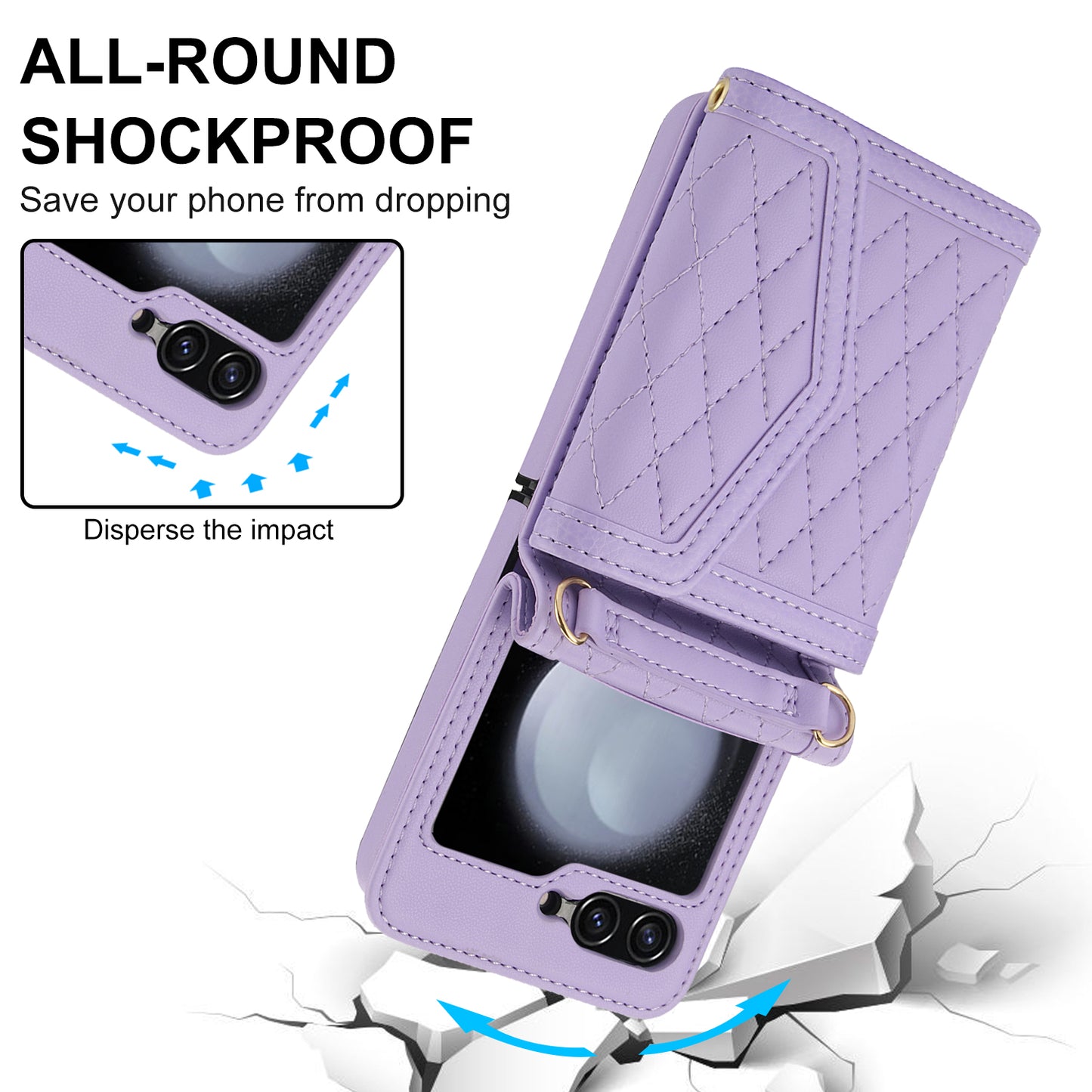 For Samsung Galaxy Z Flip6 5G Case Card Holders PU Leather+PC Phone Cover with Detachable Shoulder Strap - Purple