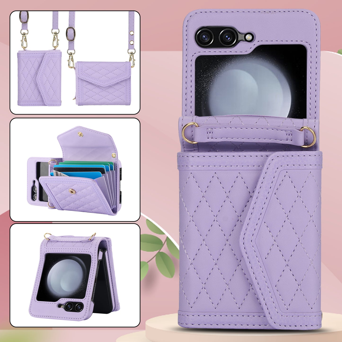 For Samsung Galaxy Z Flip6 5G Case Card Holders PU Leather+PC Phone Cover with Detachable Shoulder Strap - Purple