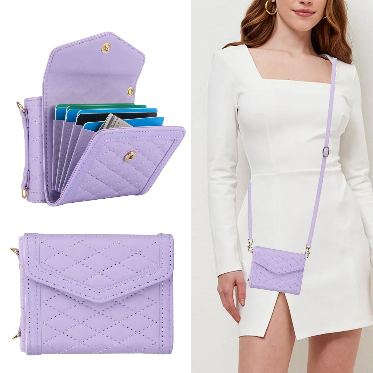For Samsung Galaxy Z Flip6 5G Case Card Holders PU Leather+PC Phone Cover with Detachable Shoulder Strap - Purple