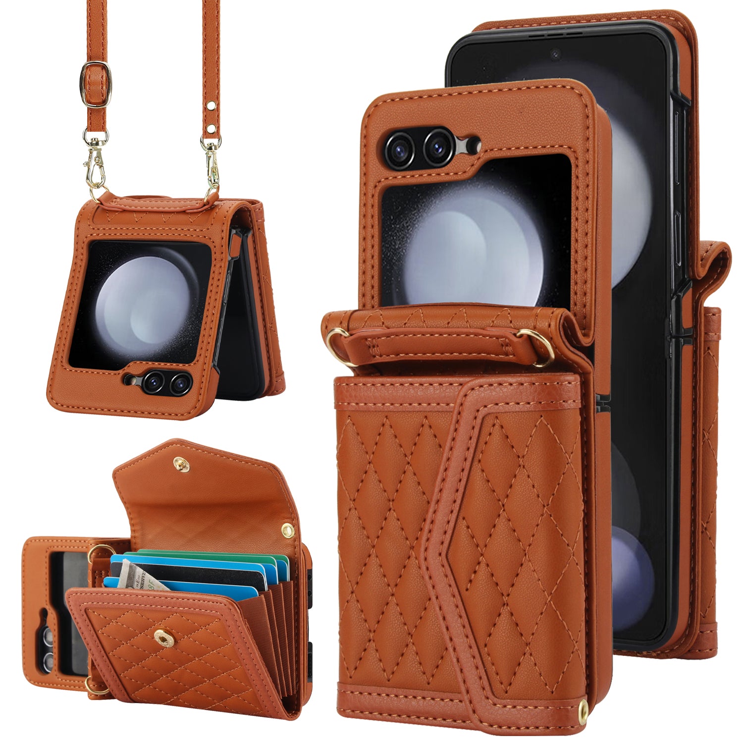 For Samsung Galaxy Z Flip6 5G Case Card Holders PU Leather+PC Phone Cover with Detachable Shoulder Strap - Brown