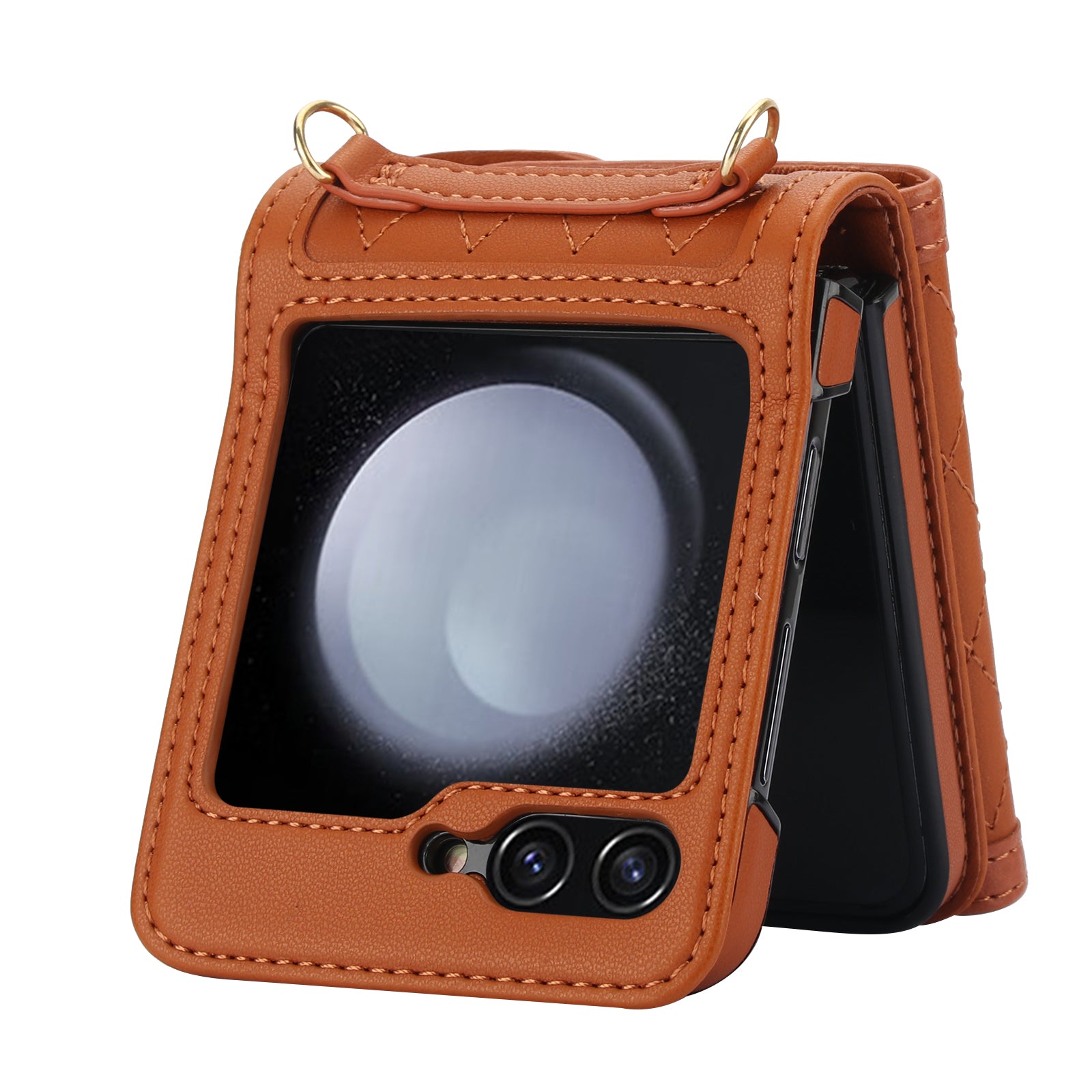 For Samsung Galaxy Z Flip6 5G Case Card Holders PU Leather+PC Phone Cover with Detachable Shoulder Strap - Brown