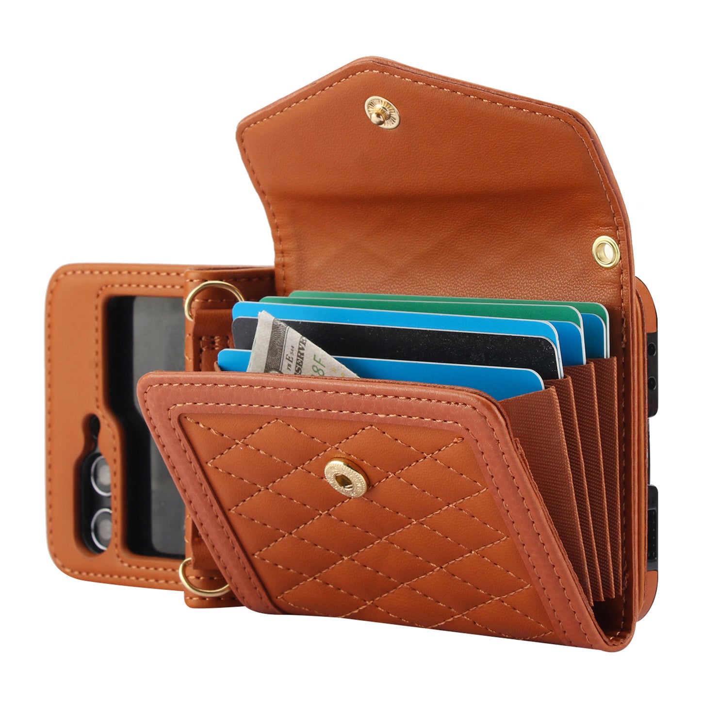 For Samsung Galaxy Z Flip6 5G Case Card Holders PU Leather+PC Phone Cover with Detachable Shoulder Strap - Brown